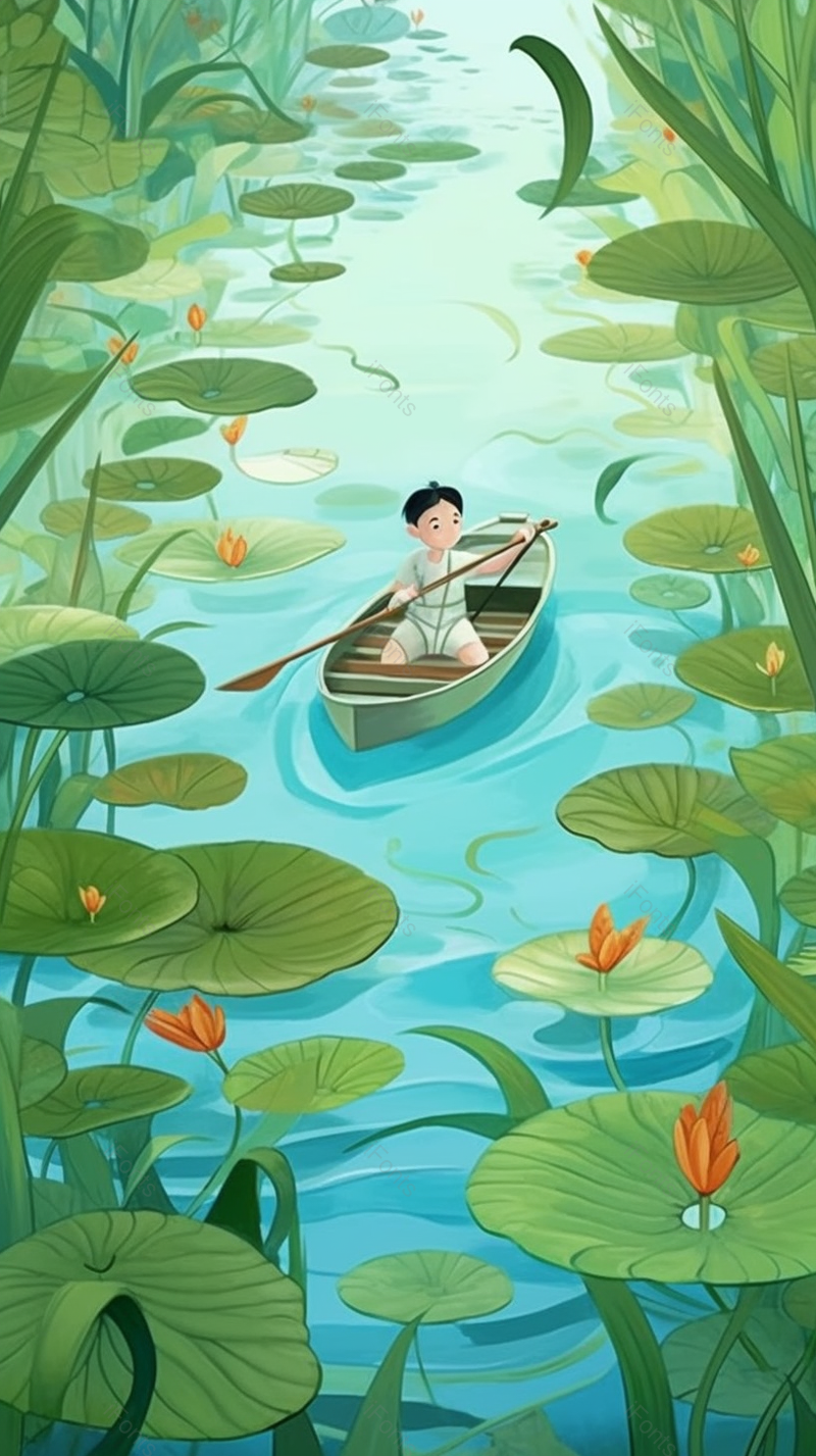 安静绿色的夏天划船在荷叶荷花盛开的池塘里玩耍,插画/手绘图,插画/手绘图库,插画/手绘图下载,插画/手绘